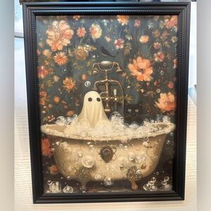 Ghost and cat in a bathtub bubble bath framed 8x10” print art wall whimsical